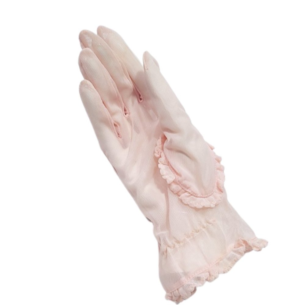 1950s Vintage 2 Piece Peachy Pink Net Gloves With Ruffles Long and Short Style. - Picture 3 of 8